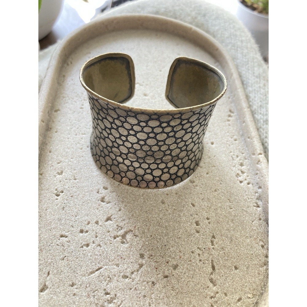 Silver Tone Cuff Bracelet Black Etched Dot Pattern Boho Statement Chunky Bold